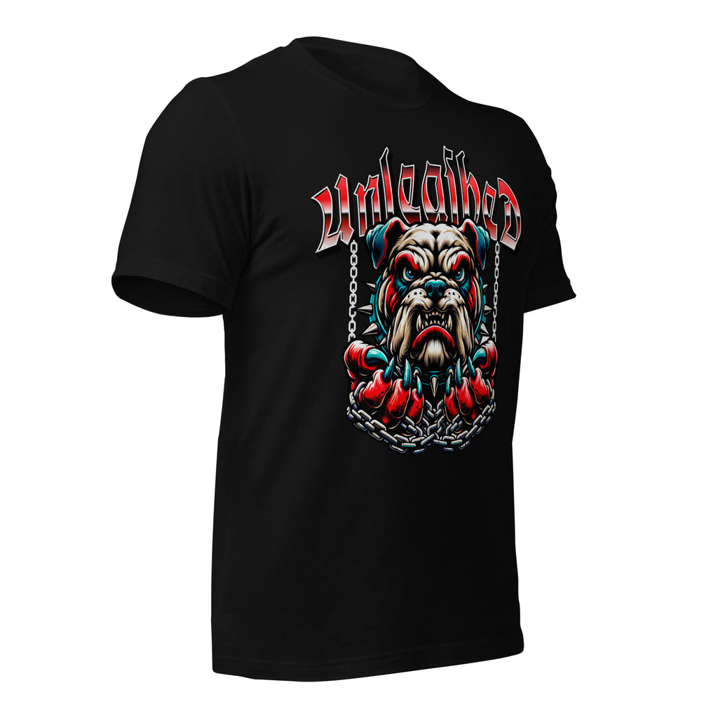 Black unisex crewneck T-shirt with large snarling bulldog face graphic.