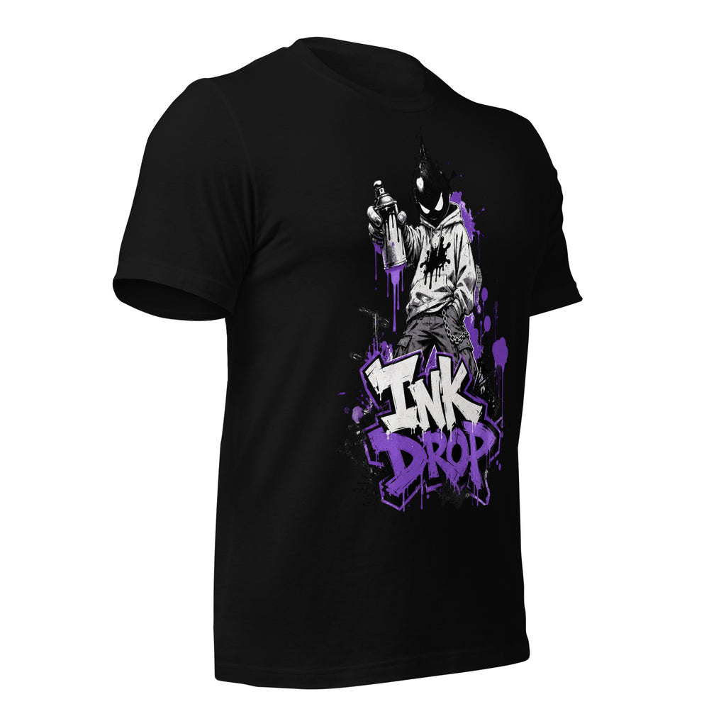 Women’s black graphic tee with purple “INK DROP” front print, angled view