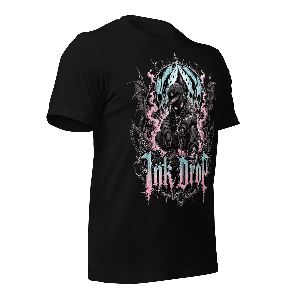 Unisex black T-shirt with skull-and-throne back graphic in pink and blue