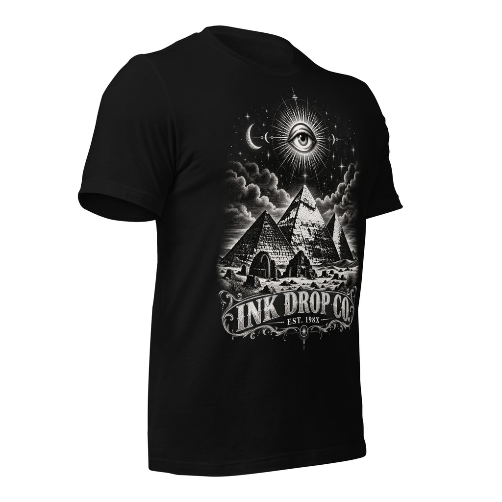 Unisex black T-shirt with front graphic of eye over pyramids and INK DROP CO text