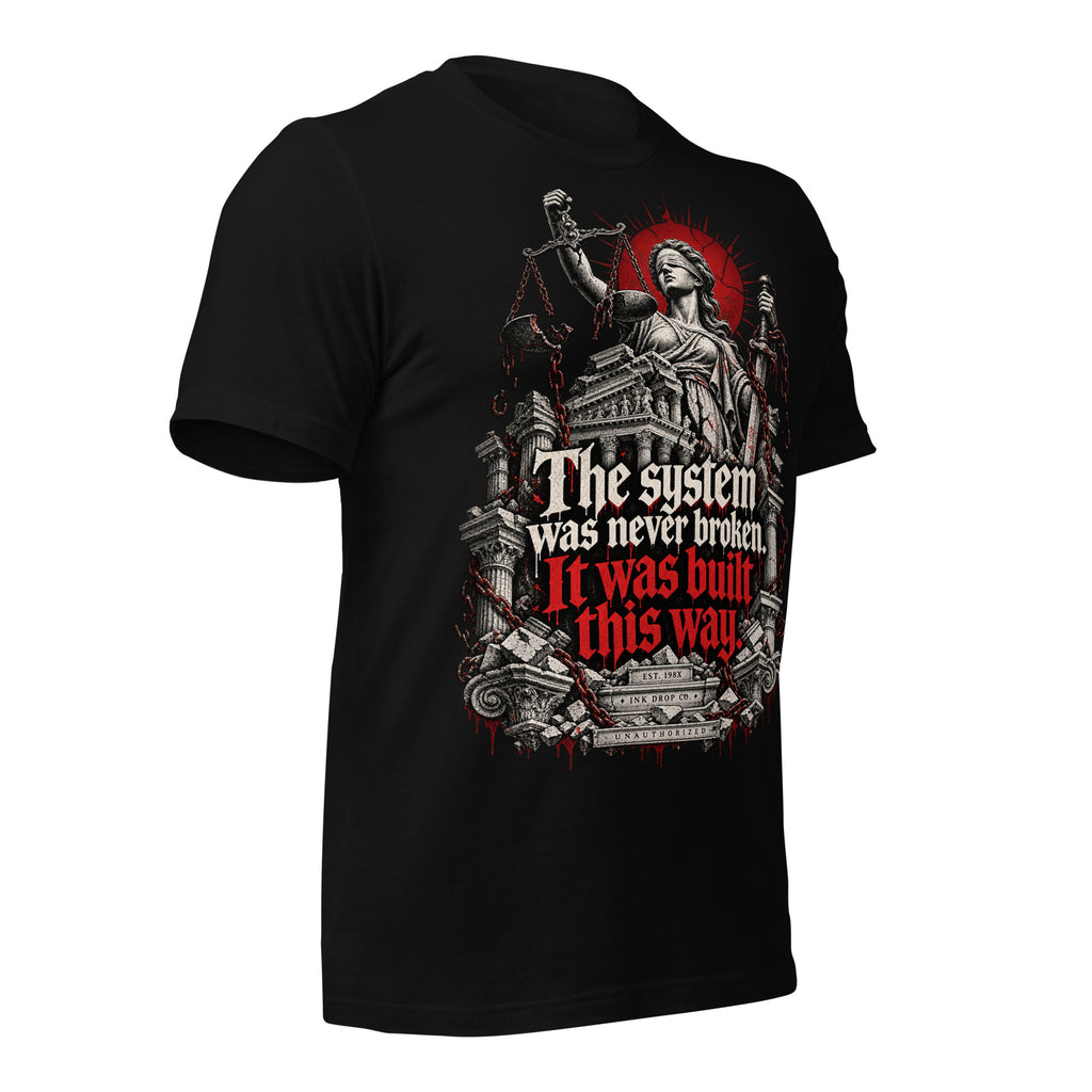 Women's black graphic justice tee, front side view with Lady Justice scales and red lettering