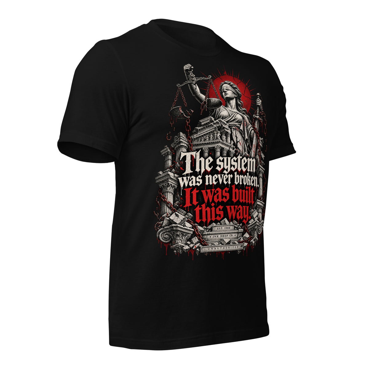 Women's black graphic justice tee, front side view with Lady Justice scales and red lettering