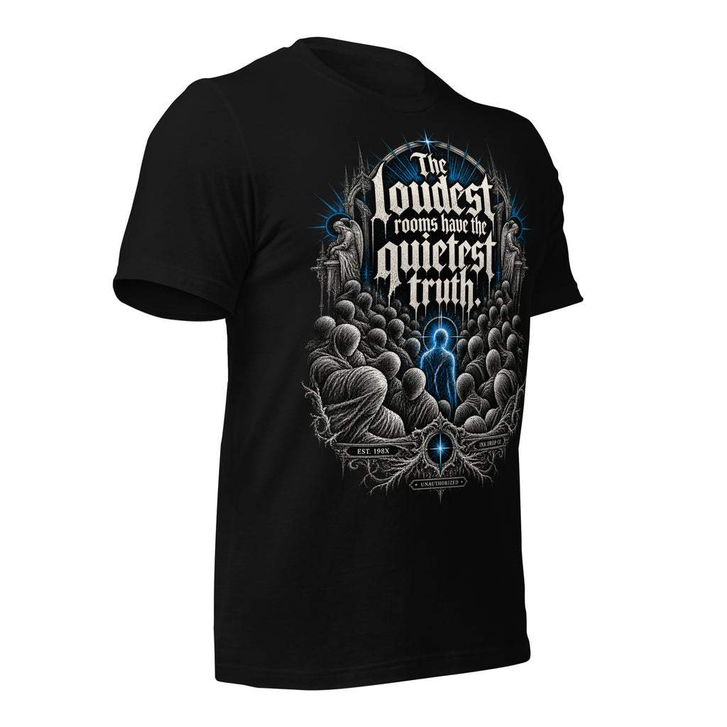 Women’s gothic graphic t-shirt, black, front angled view with gothic blue center graphic