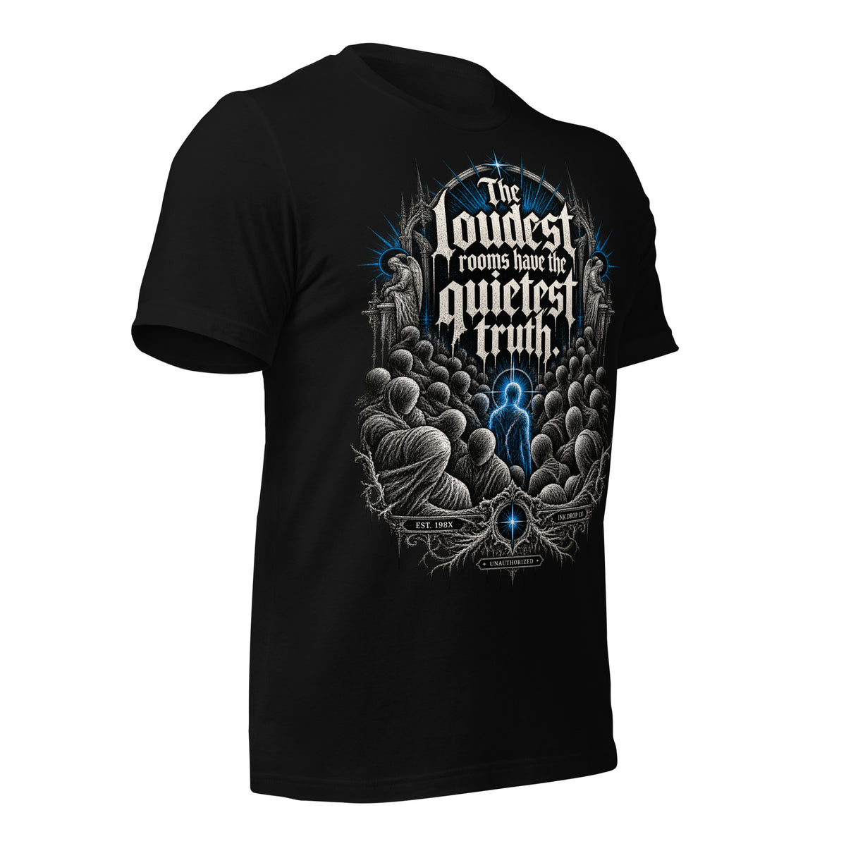 Women’s gothic graphic t-shirt, black, front angled view with gothic blue center graphic