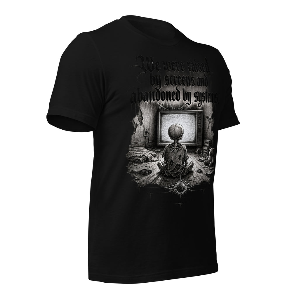 Women’s black graphic tee in dark shade with large front surreal artwork print