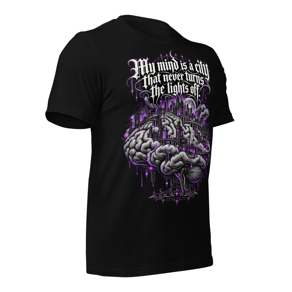 Women’s black graphic tee with purple city-and-brain print on the back and chest.