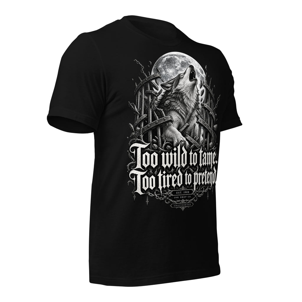 Black women’s graphic tee with wolf head, moon medallion and gothic slogan front print