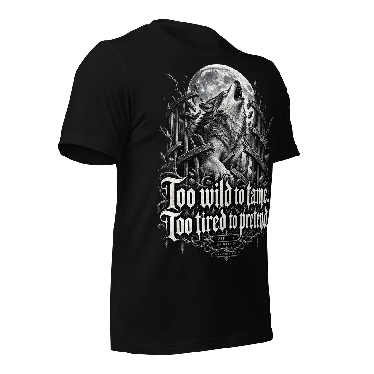 Black women’s graphic tee with wolf head, moon medallion and gothic slogan front print