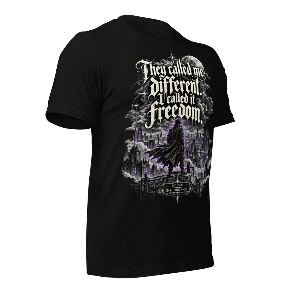 Women’s black graphic tee front view with freedom quote and purple city scene