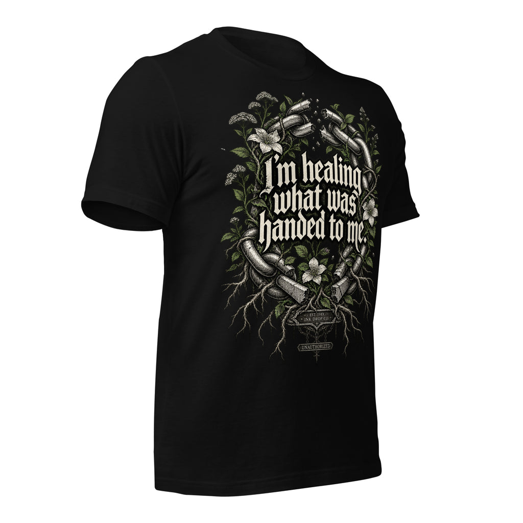 Women's black graphic tee with angled front quote and floral chain graphic