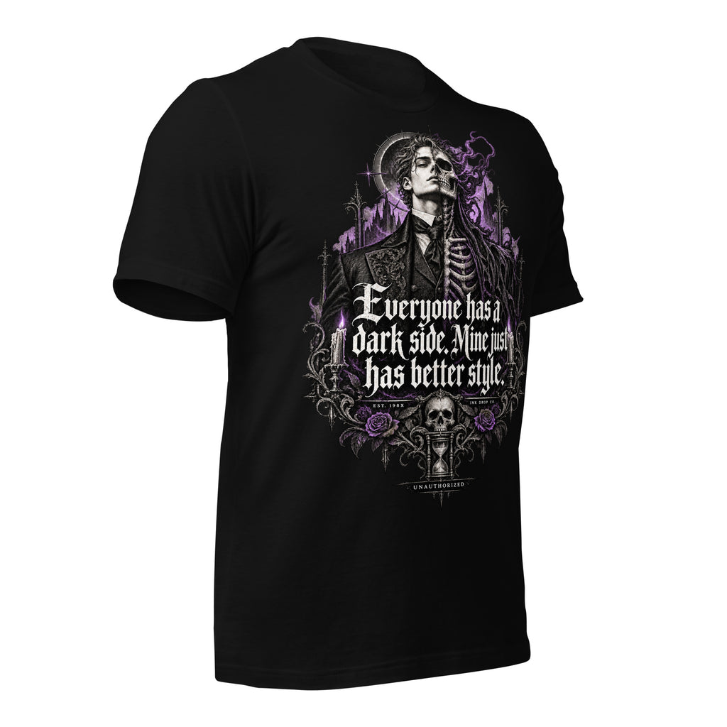 Black women's graphic tee with purple ornate skull graphic and quote