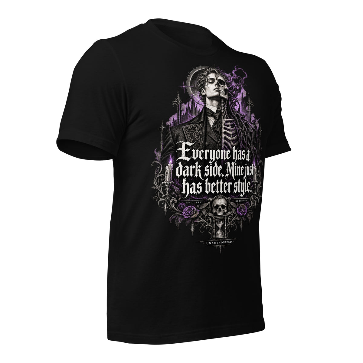 Black women's graphic tee with purple ornate skull graphic and quote