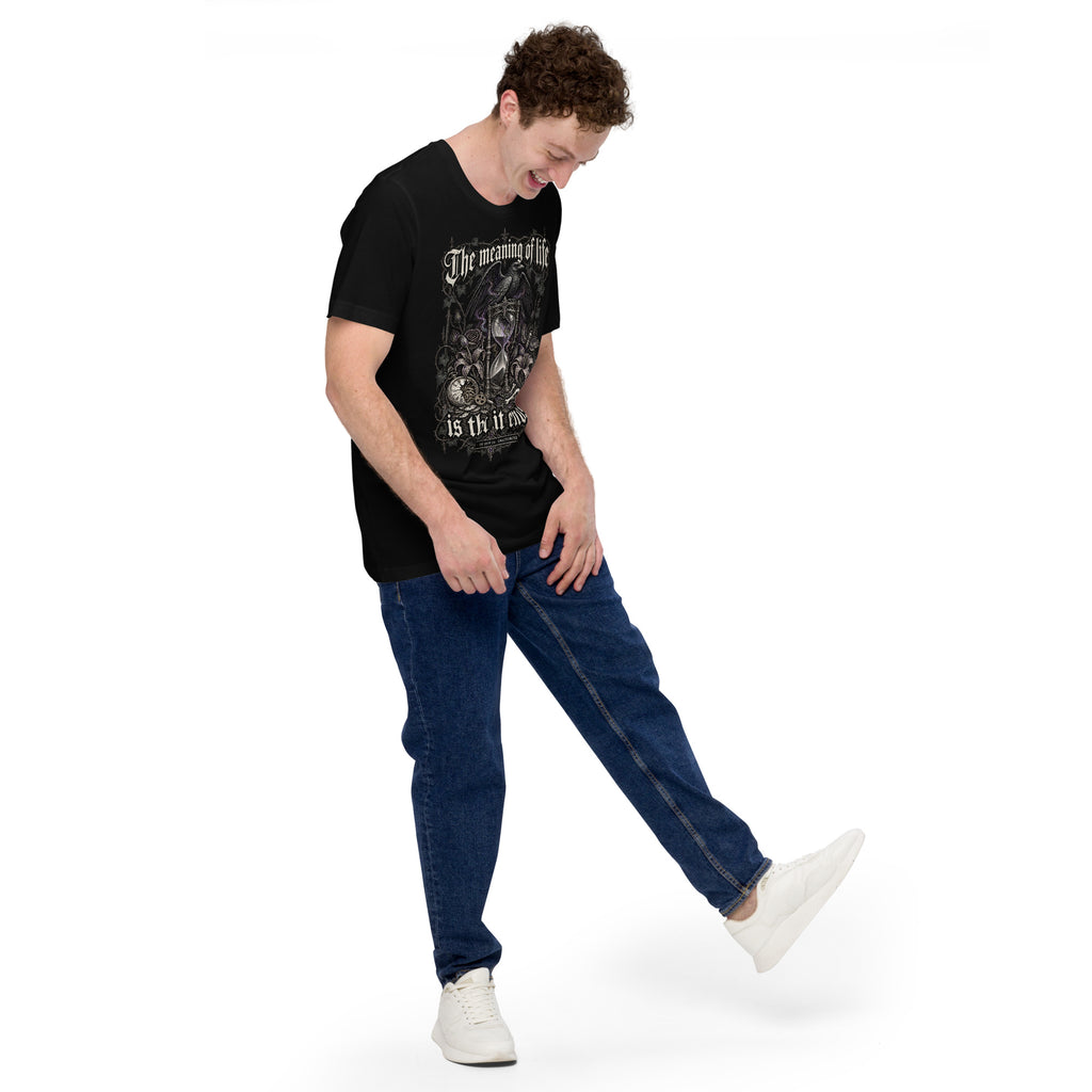 Men's black graphic tee worn by model, front hourglass and gothic text centered
