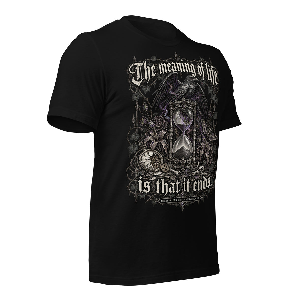 Women's black graphic tee with hourglass graphic and 'is that it ends' text