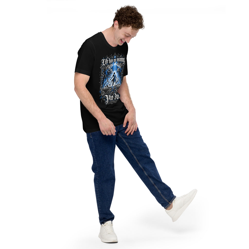 Men's black graphic tee with blue lightning angel graphic on front