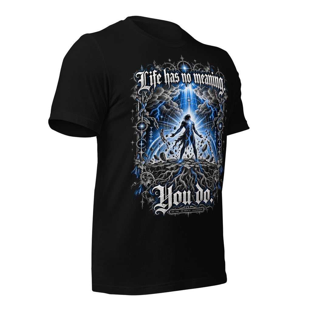 Black women's tee with blue electric angel graphic on the front
