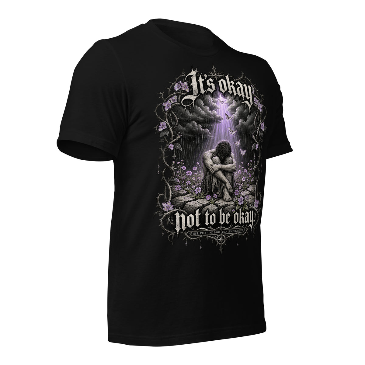 Black unisex graphic T-shirt with front print showing a kneeling figure and floral border