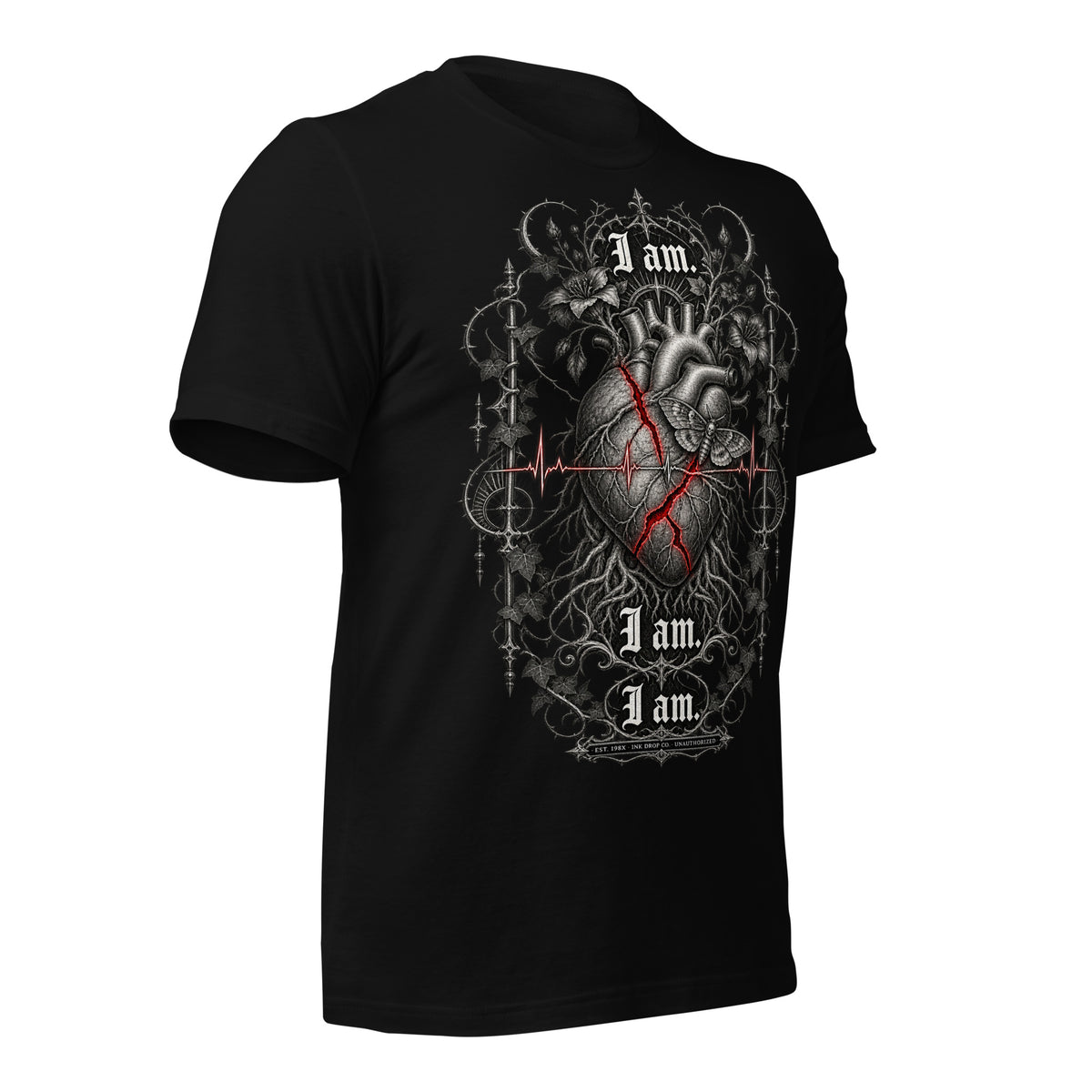 Unisex graphic T-shirt in black, front heart design with red accents and “I am” lettering