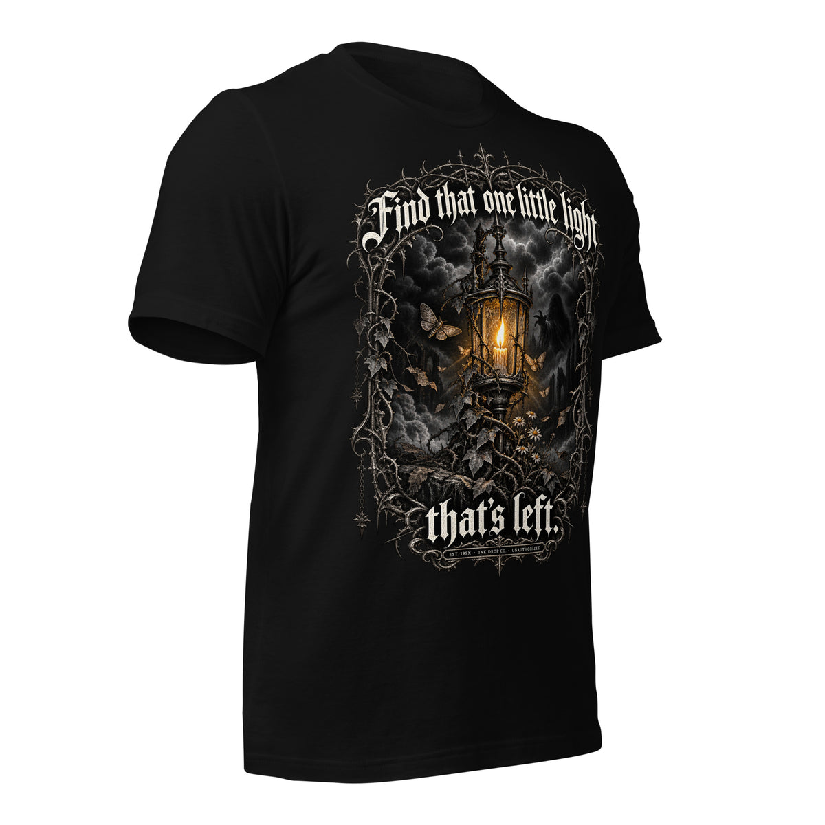 Unisex black graphic T-shirt with front print of lantern in cloudy gothic frame