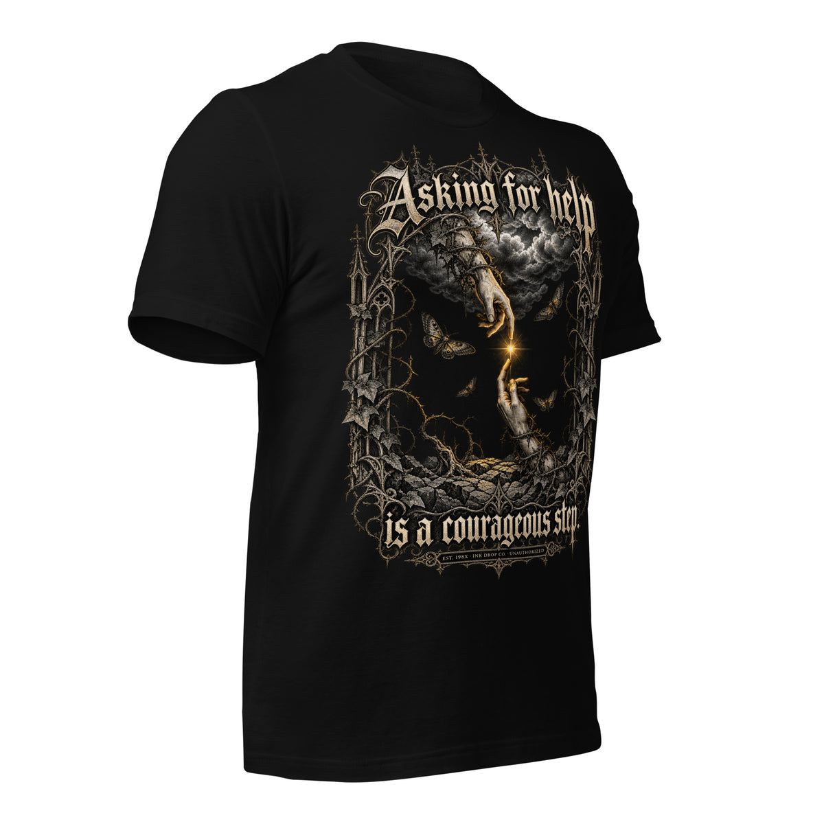 Black unisex graphic tee angled back print with fantasy angel-wolf artwork