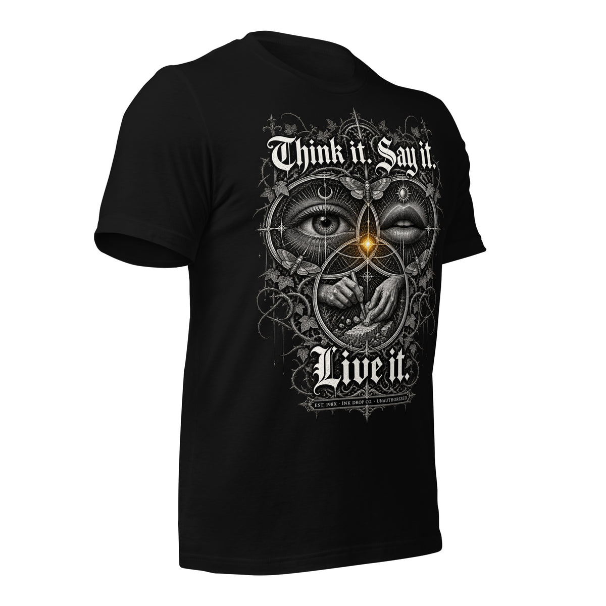 Black unisex graphic tee with angled front face-eye graphic and text