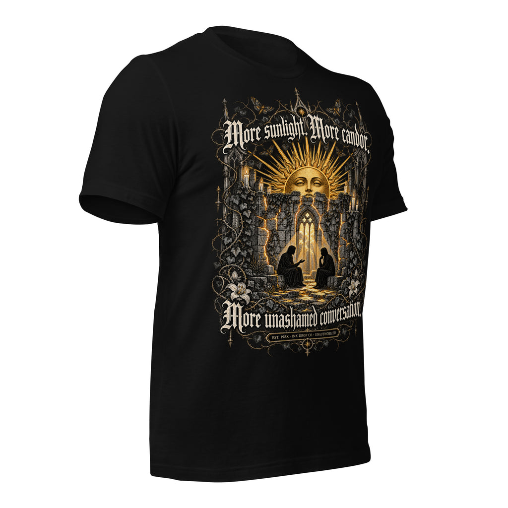 Black unisex graphic tee with gold-and-copper church scene front print