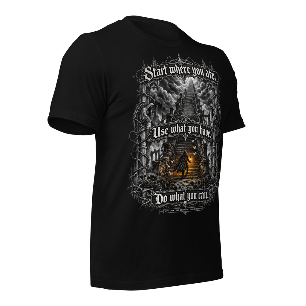 Black unisex graphic tee with front fantasy artwork and text