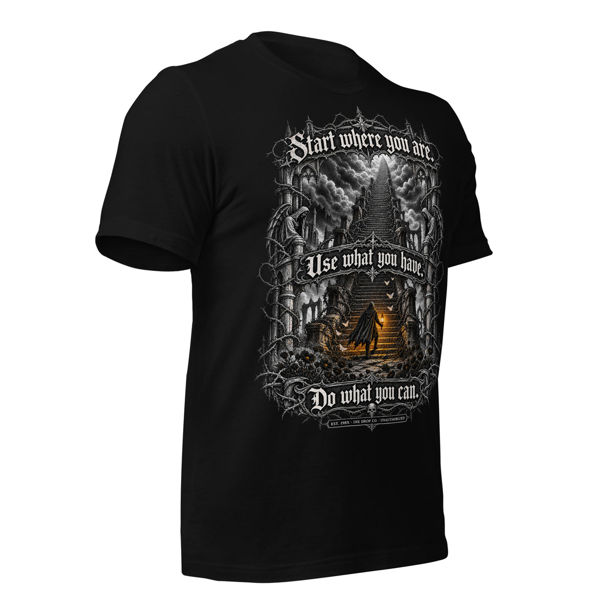 Black unisex graphic tee with front fantasy artwork and text