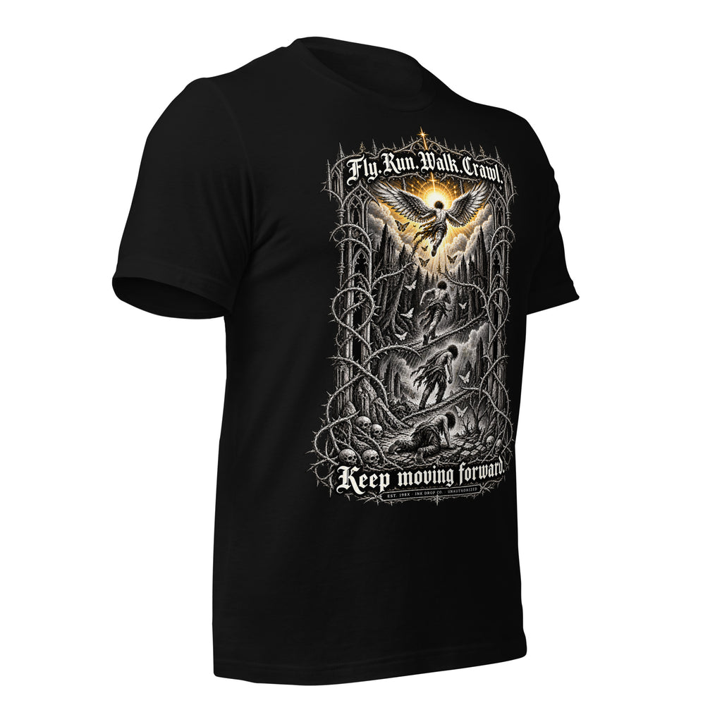 Black unisex graphic tee with front print featuring eagle wings and text, short sleeves.