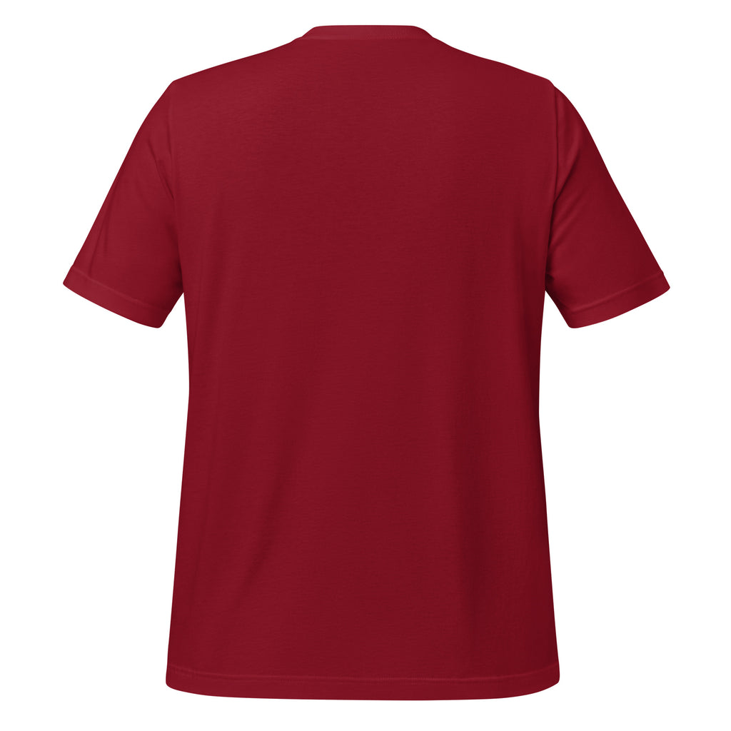 Cardinal red unisex graphic tee back view, plain fabric with no visible print