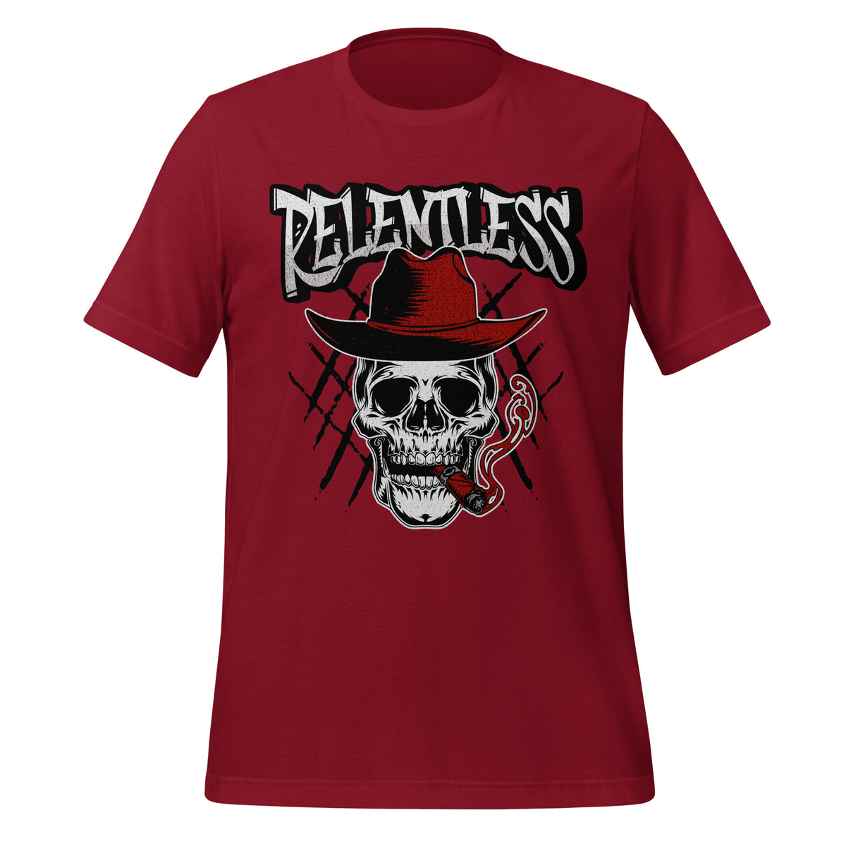 Cardinal red crewneck graphic T-shirt with cowboy skull and red hat print