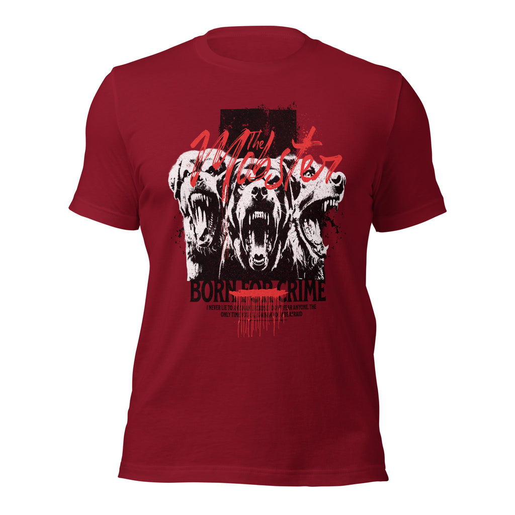 Cardinal unisex graphic t-shirt with bold animal face print and “Born for Crime”