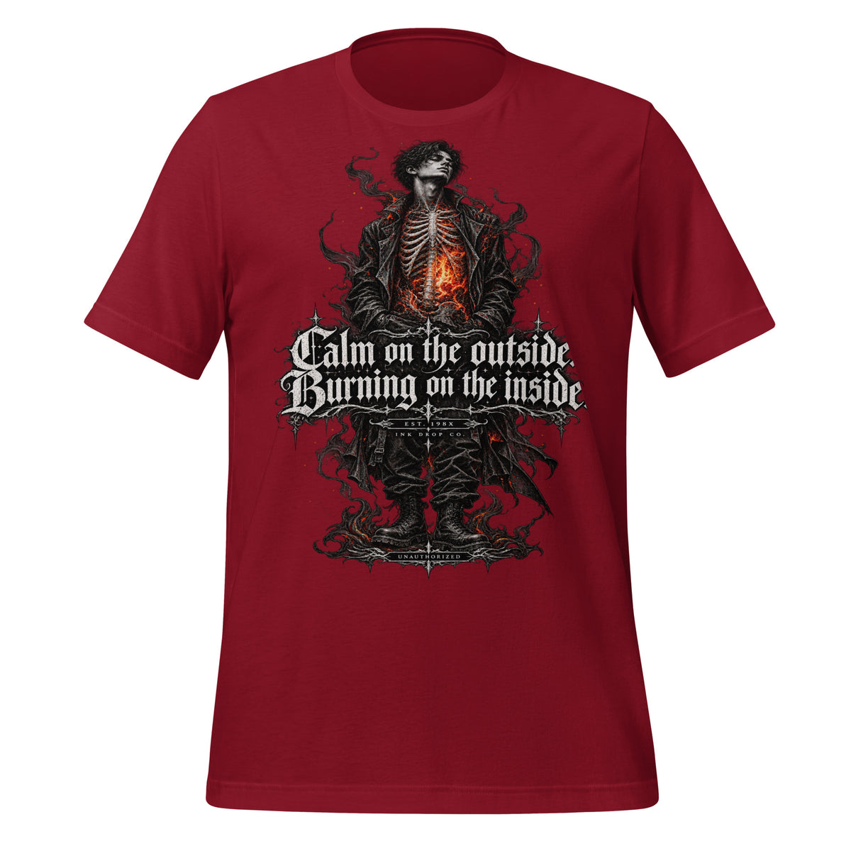 Men's cardinal red graphic tee with fiery skeleton front print