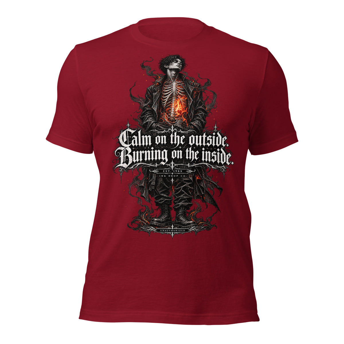 Red women's graphic T-shirt with front skull-warrior and glowing flames print