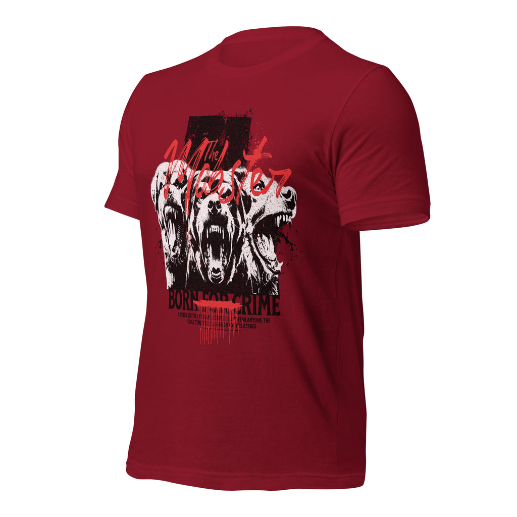 Cardinal unisex graphic t-shirt with “Born for Crime” text and animal face print