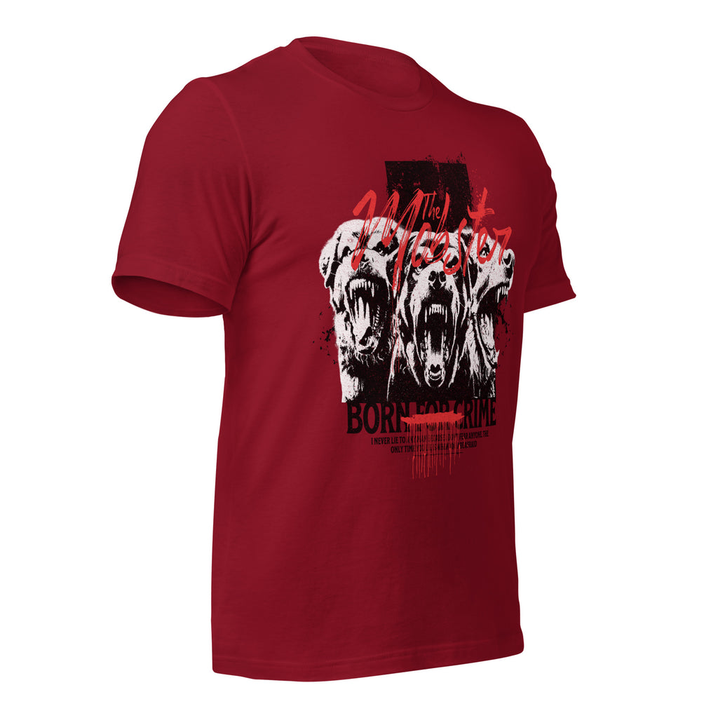 Cardinal unisex graphic t-shirt front with animal face print and “Born for Crime”