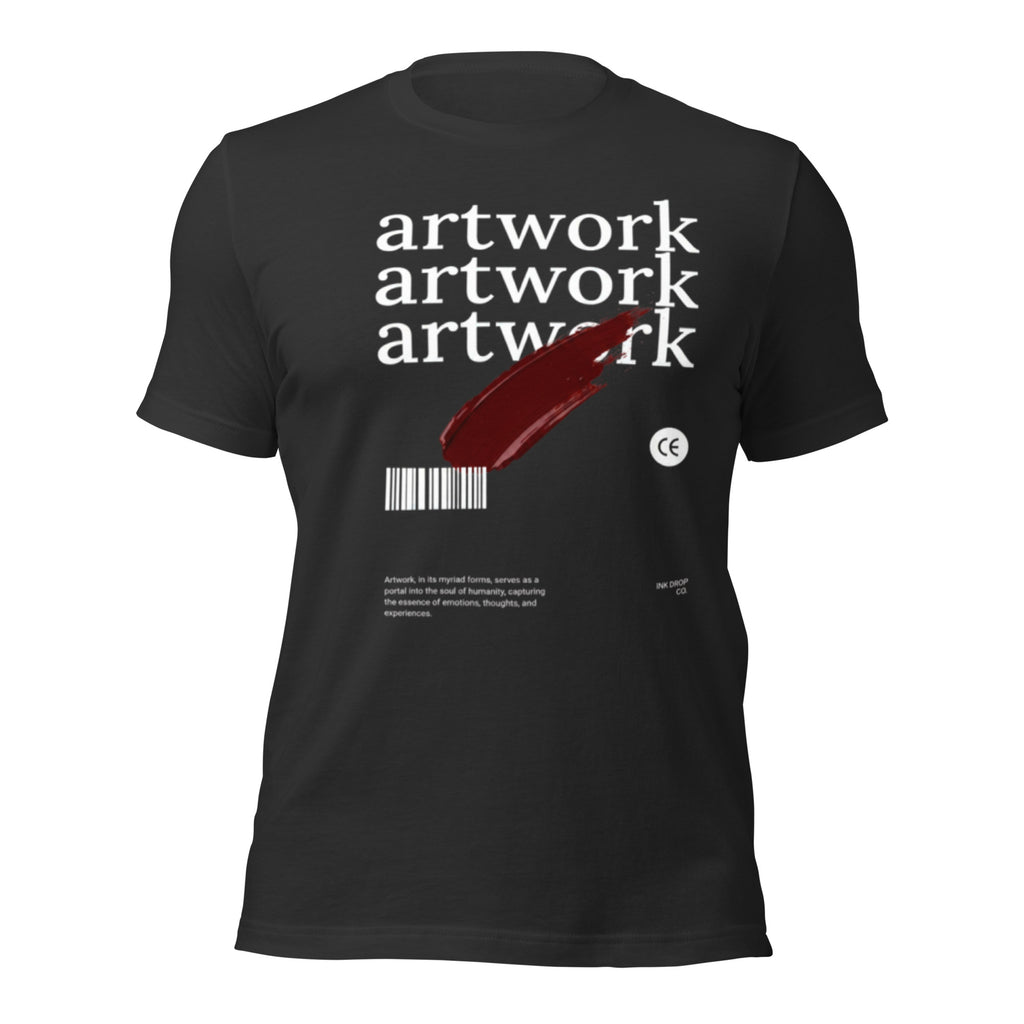 Unisex graphic T-shirt, black, front view, white 'artwork' lettering with red diagonal stripe.