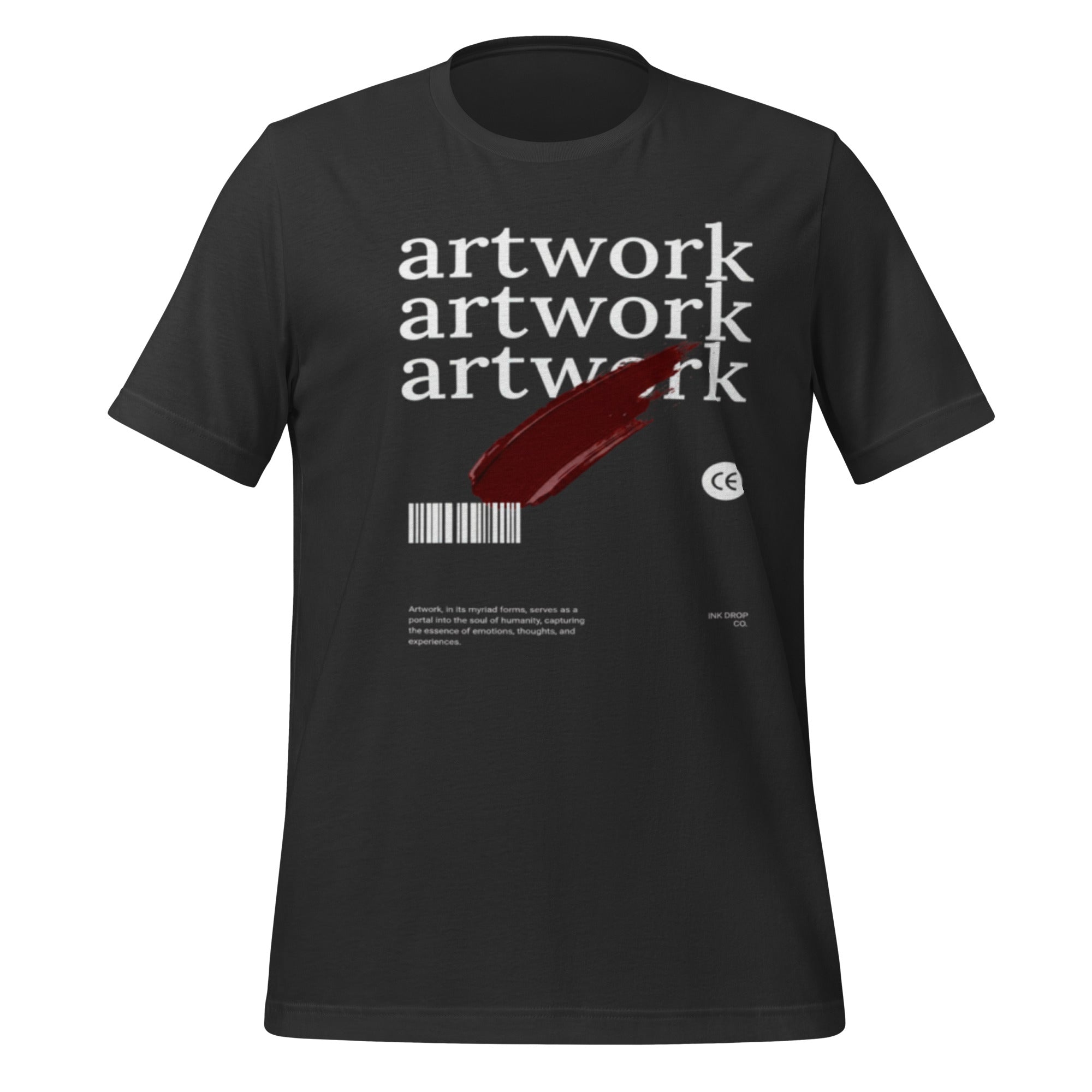 Unisex graphic T-shirt in dark gray with artwork graphic and barcode on front.