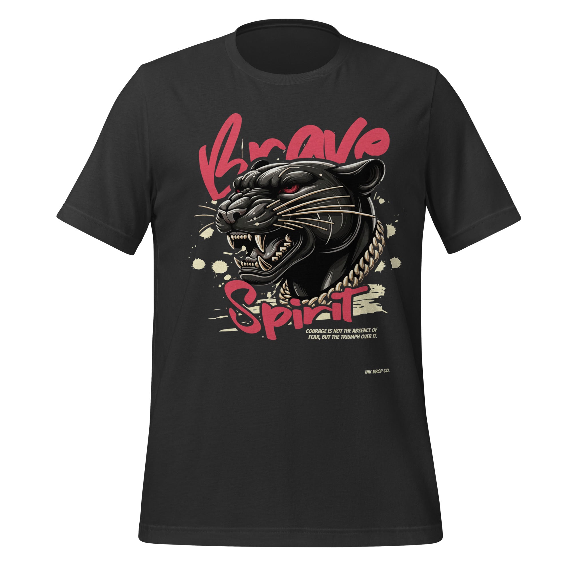 Men's dark grey graphic T-shirt with wolf head front print and red 'Spirit' text