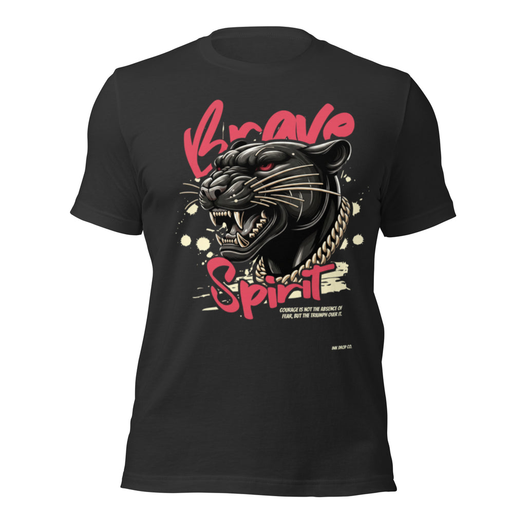 Black unisex graphic T-shirt with panther head and red 'Spirit' front design
