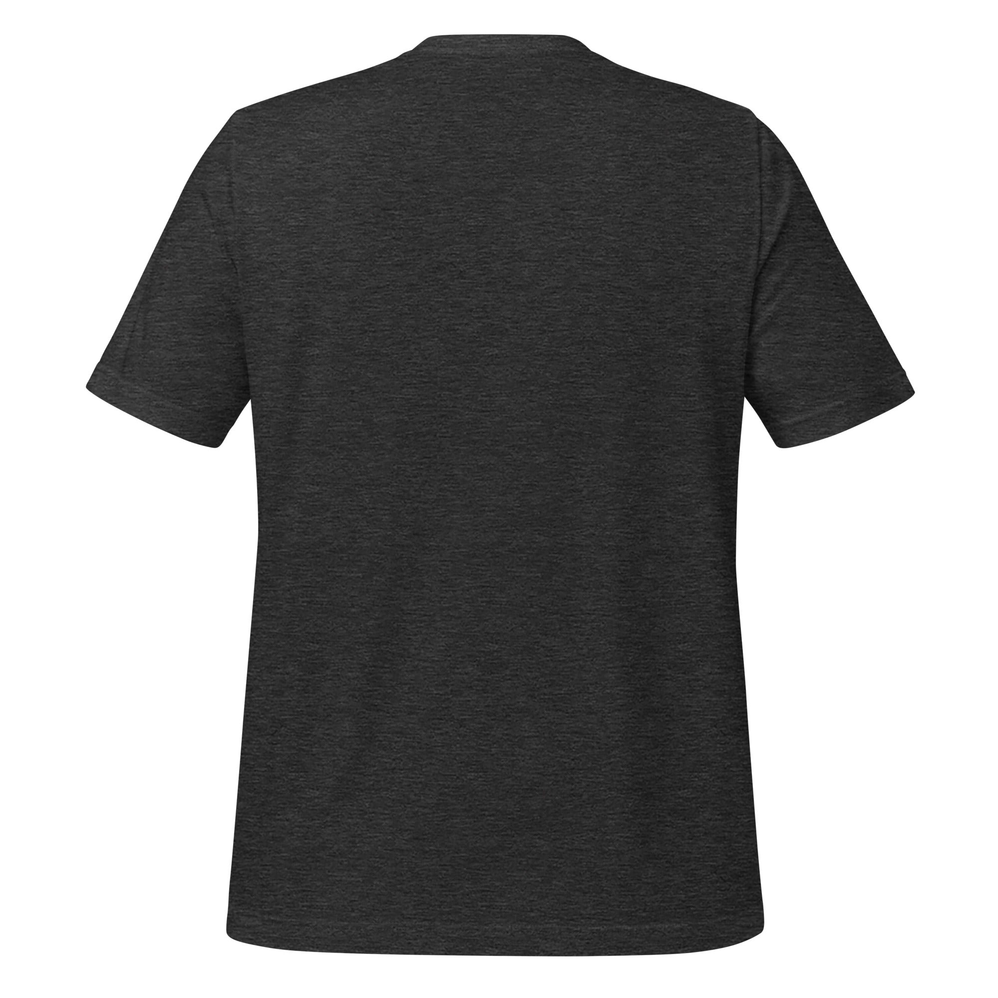 Unisex dark grey heather graphic T-shirt, plain back (no print)