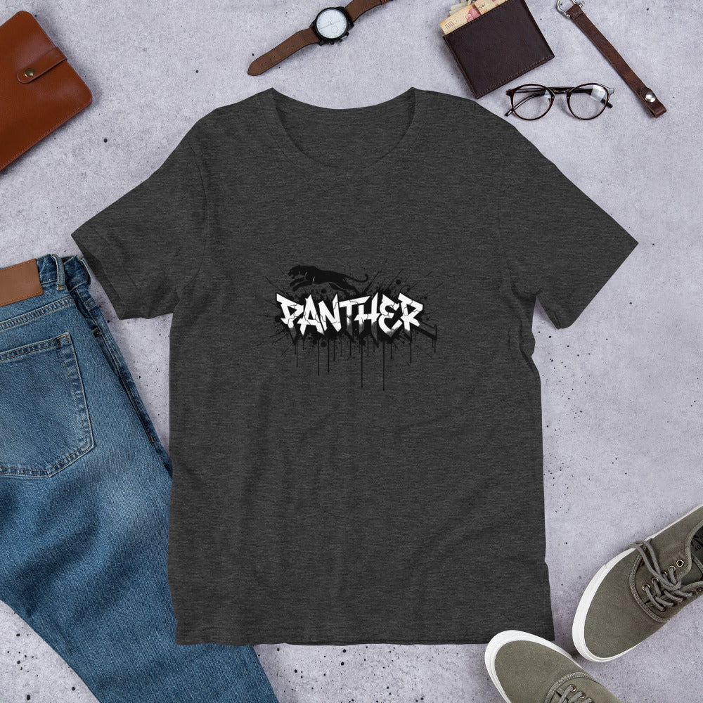 Dark grey heather crewneck T-shirt with Panther graphic on the front.