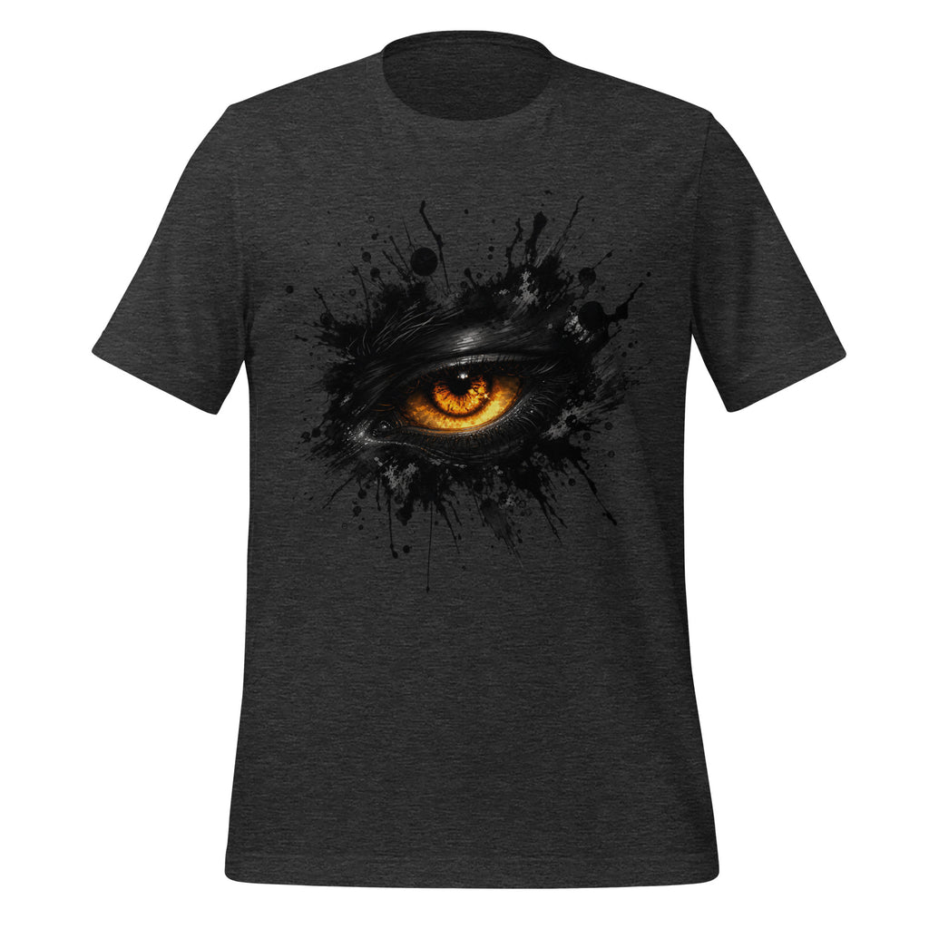 Dark grey heather men's T-shirt with glowing eye ink splash graphic on front