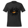 Dark grey heather men's T-shirt with glowing eye ink splash graphic on front
