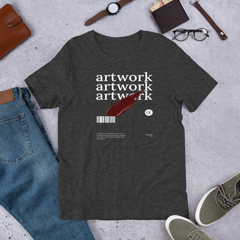 Dark heather graphic men's t-shirt with red swoosh and 'artwork' text on chest