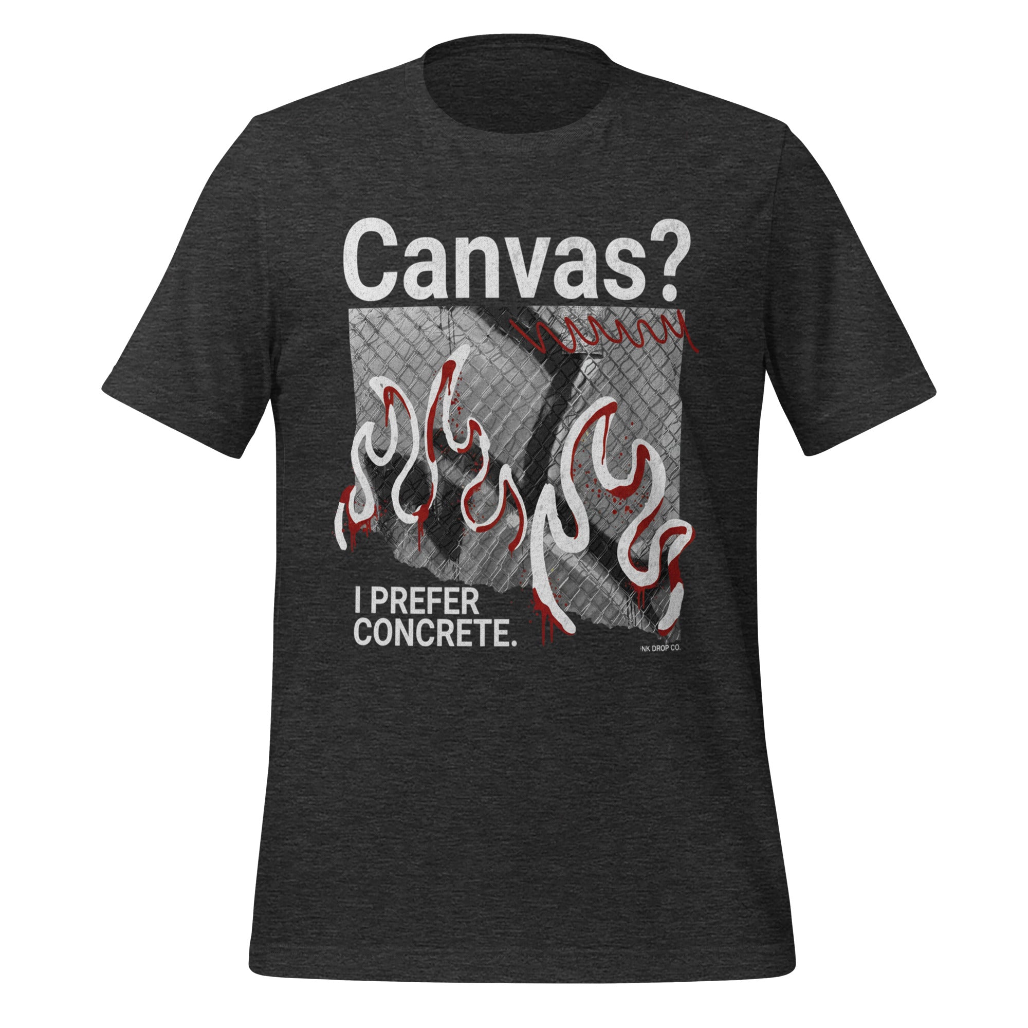 Men's graphic T-shirt, dark grey heather, front print with “Canvas?” and flames