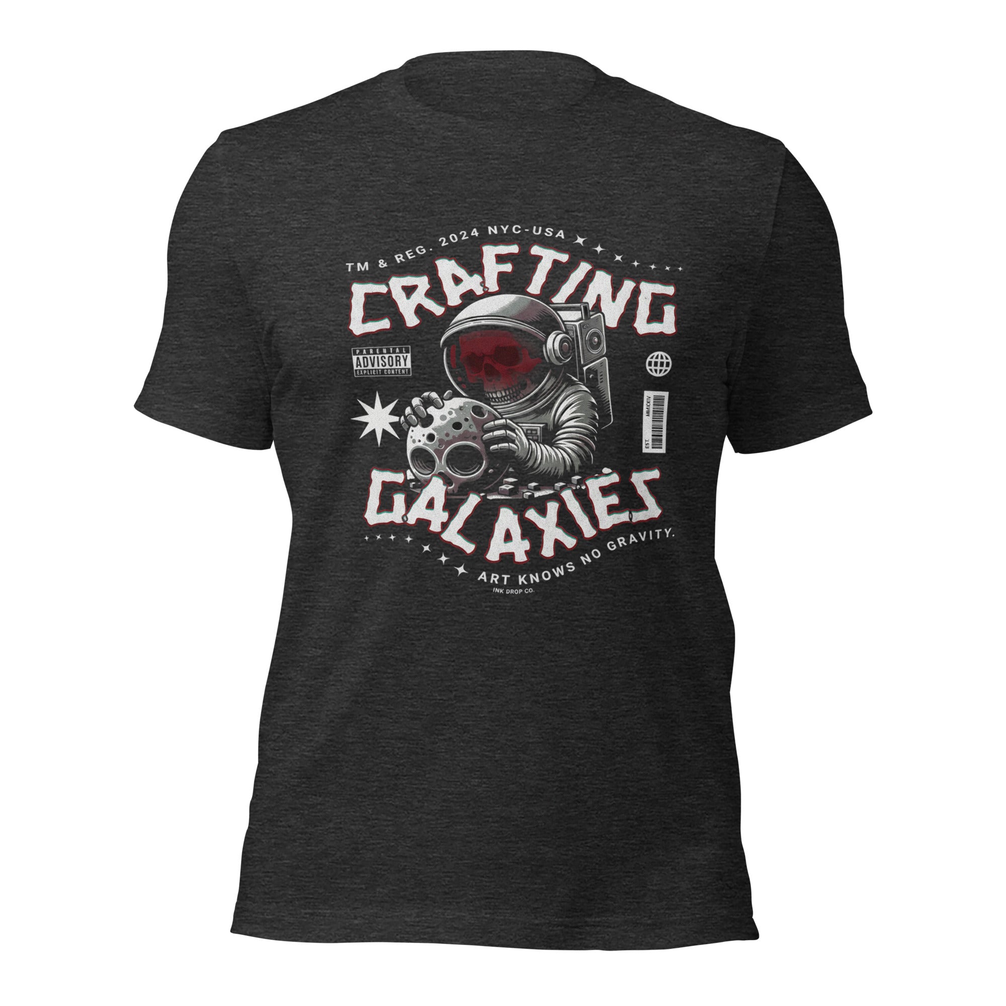 Women's dark grey heather graphic t-shirt with space astronaut “Crafting Galaxies” print