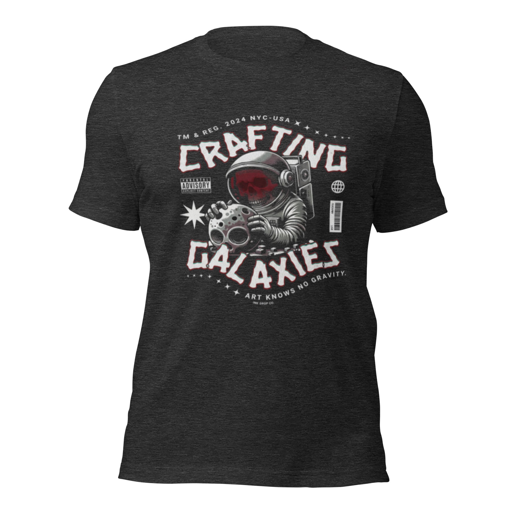 Dark grey heather unisex T-shirt with space graphic print on front