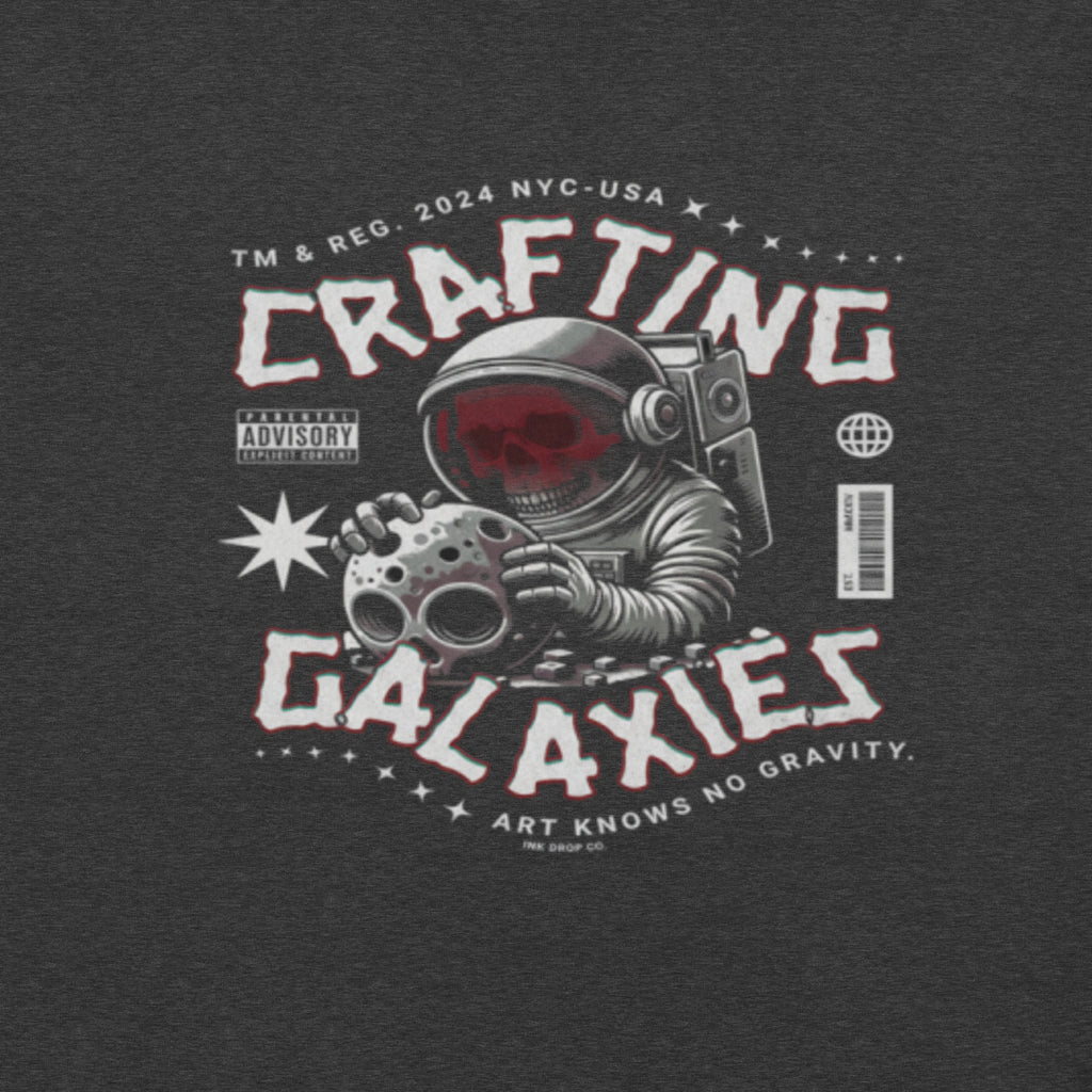 Dark grey heather graphic T-shirt with astronaut and galaxy logo print