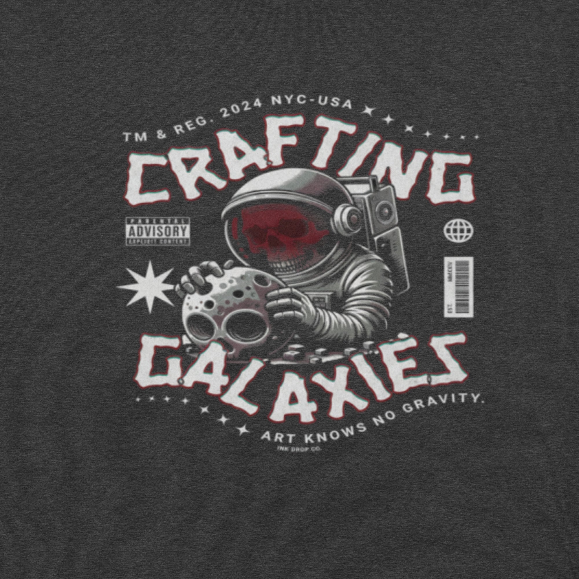 Dark grey heather graphic T-shirt with astronaut and galaxy logo print